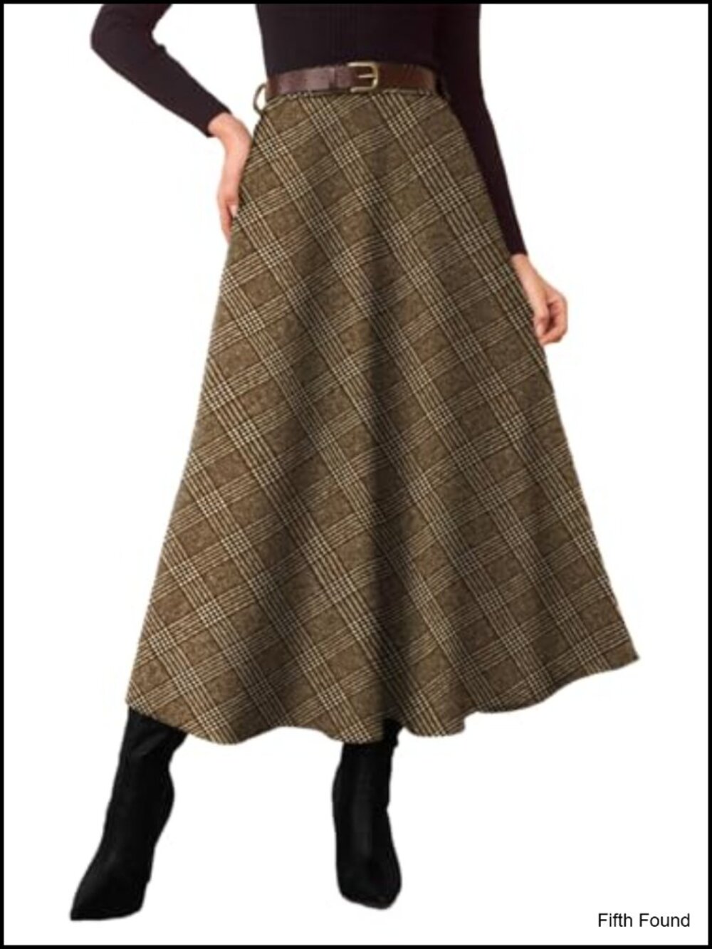 Plaid High Waist A-Line Midi Skirt Flared Tartan Pockets Belt Loop